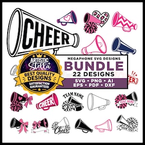 May include: A digital graphic bundle featuring 22 megaphone designs for cheerleading. The collection includes various illustrations of megaphones, pom-poms, and bows in pink, black, and white, with text reading CHEER and BUNDLE.