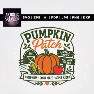 Könnte beinhalten: Ein digitales Grafikdesign mit dem Text PUMPKIN PATCH in Dunkelgrün und Orange. Die Illustration zeigt eine Scheune, einen großen orangefarbenen Kürbis, einen gelben Maiskolben, einen roten Apfel und Schilder mit LOCALLY GROWN und AUTUMN PICKED.