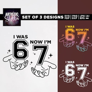 May include: Set of 3 designs featuring the text "I WAS 67 NOW I'M 67" in various styles. One design is black and white, another is a gradient of orange and pink, and the third is white with a black outline. Each design includes hands and stars.