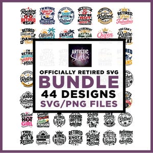 Könnte beinhalten: Eine digitale Sammlung von 44 Grafikdesigns zum Thema Ruhestand mit verschiedenen Schriftarten und Illustrationen. Der zentrale Text lautet Artistic Stella, Officially Retired SVG Bundle, 44 Designs und SVG/PNG Files, umgeben von runden Symbolen.