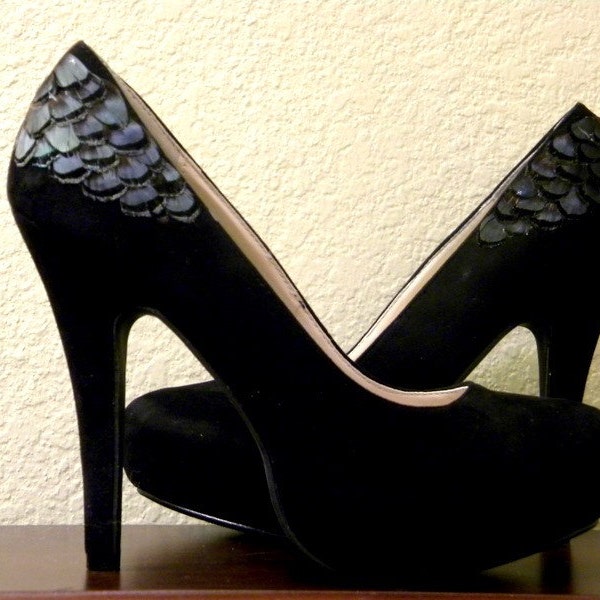 Black Pumps with Green Lady Amherst Feathers Size 7