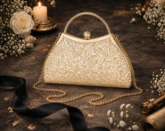 Dedire | Champagne Gold Glitter Clutch with Crystal Clasp | Elegant Evening Purse, Chain Strap