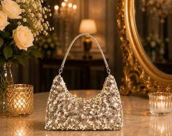 Dedire | Champagne Gold Sequin Clutch Bag | Crystal-Inspired Handle, Evening Shoulder Bag | Ciel Éclat Collection
