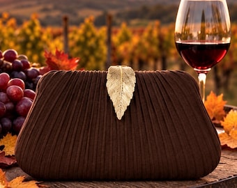 Dedire | Faux Suede Chocolate Brown Pleated Clutch | Gold Leaf Evening Purse | Luxury Autumn Handbag