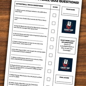 Lucky Dip Football Quiz – 10 Random Questions | Printable Trivia Game | Digital Download