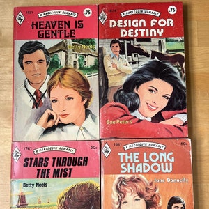Vintage Harlequin Romance Novels from the 1970s. Lot of 4 Books, as-shown. 60 and 75 cent covers. Worn and As-is.