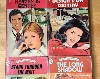 Vintage Harlequin Romance Novels from the 1970s. Lot of 4 Books, as-shown. 60 and 75 cent covers. Worn and As-is.