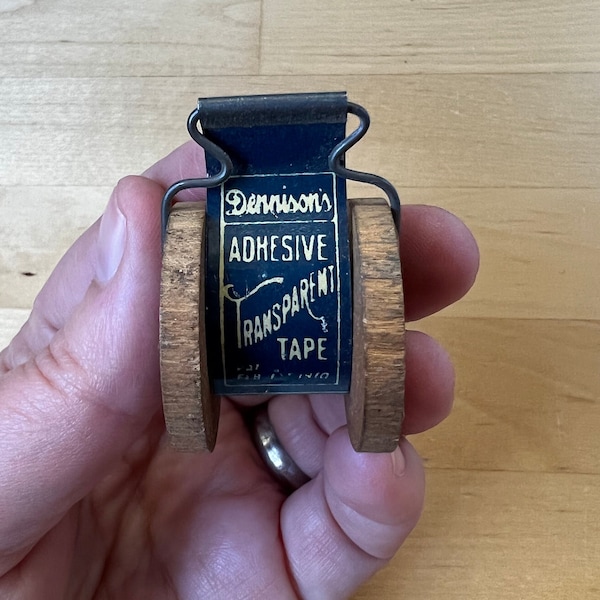 Dennison Transparent Tape Dispenser, Wood Spool, Printed Metal Tab, Labels Intact. Antique office, General Store.