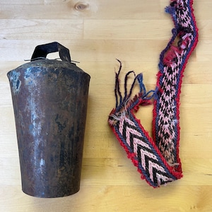 Antique Cowbell with Woven Strap, Horn, Antler Clapper. Antique Textile, Rustic, Boho Decor, Age Unknown. Amazing!