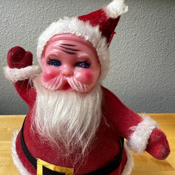 Flocked Santa Plastic Figure, 7" Tall, Worn, Very As-is. Vintage Christmas.