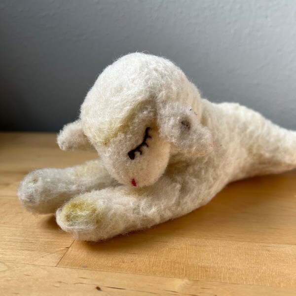 Vintage Steiff Floppy Lamby, HALF Button in Ear, 9-10", Read. As-is.