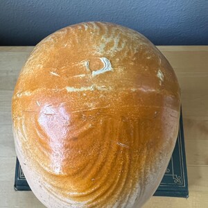 May include: A large, rounded ceramic vessel with a warm, earthy color palette. The exterior features a blend of light tan and rich brown tones, with a glossy finish. The surface has a textured, organic appearance, suggesting a handmade quality. The vessel is likely a decorative piece.