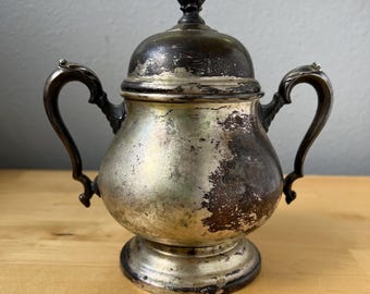 Vintage or Antique Silverplate Sugar bowl with Lid. Display/Decor. Heavy Tarnish and-or Wear. As-Is, READ.