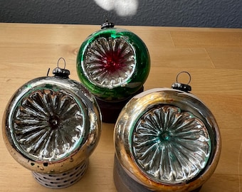 Set of Vintage Indent, Reflector Christmas Ornaments, Single Indent, Mercury Glass with Bubbles in the Glass, Made in Japan, As-pictured.