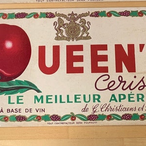 Vintage French Aperitif sign, original. Le Meilleur Queen's & Aprila. Crate Sign, Cherry, Sold individually.