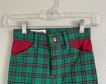 Vintage 1970s Kid Plaid Pants. Flared Leg, Vintage Christmas Red and Green. Little Mann Brand.