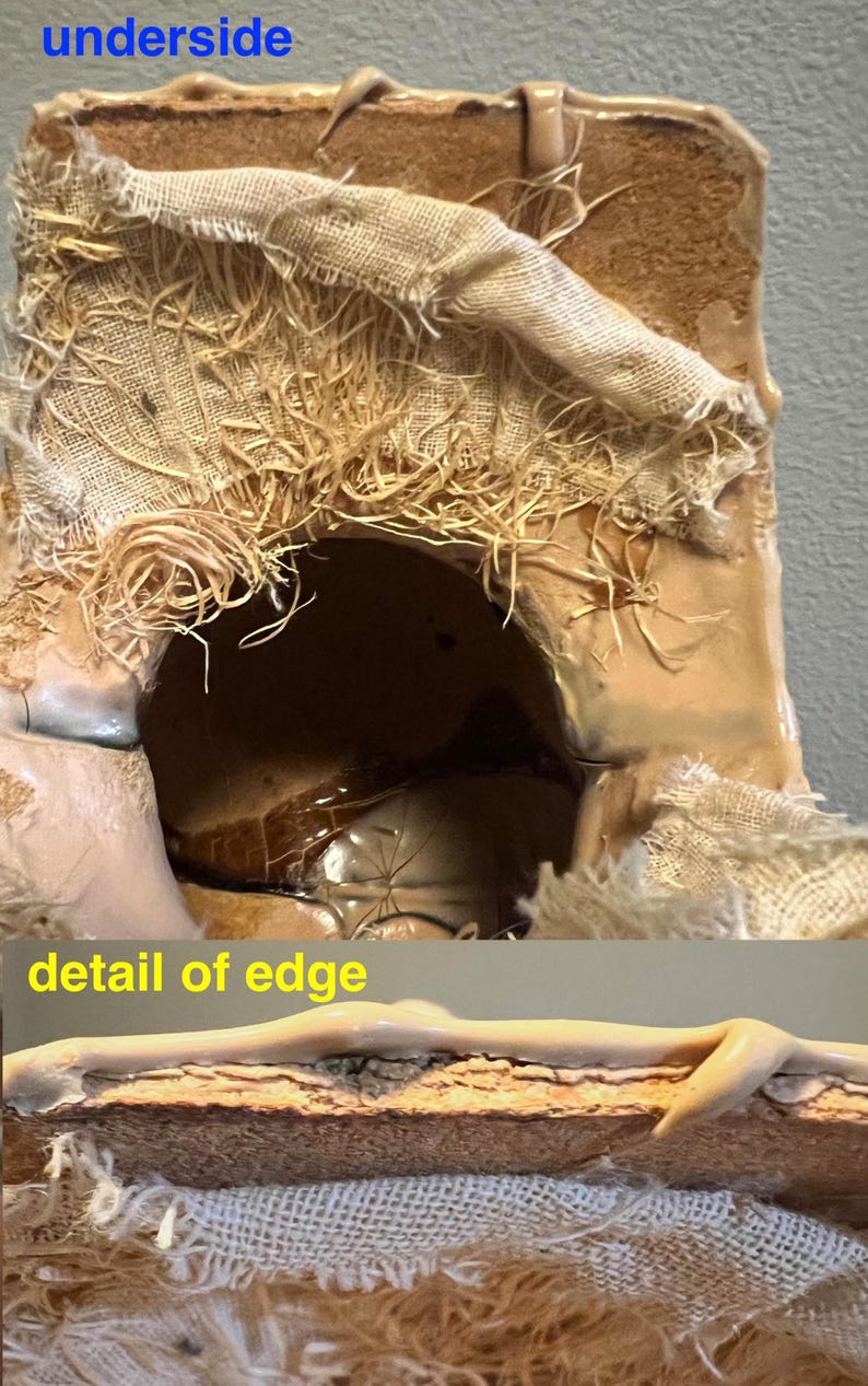 May include: Close-up of a textured, brown, and beige art piece. The artwork features a rough, organic aesthetic with visible layers of fabric and a dark interior. The edges are detailed with a light-colored, glossy material.
