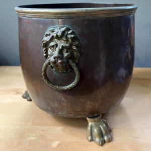 May include: A round, dark brown metal planter with a smooth, weathered finish. It features a prominent brass lion head ornament holding a ring on its side and stands on three detailed brass claw feet. The rim is finished with a brass band.