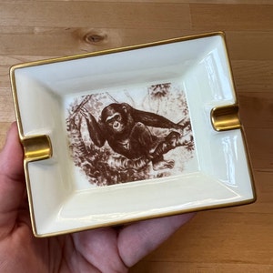 Vintage Limoges Porcelain Ashtray with Chimpanzee and Gold Details. Legrand Lebouc. Year of Production Unknown. France. Gilt.