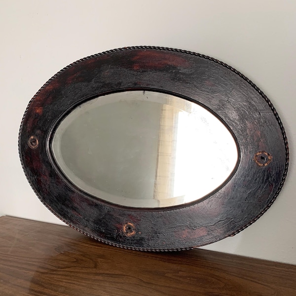 Antique Beveled Mirror, Oval, Rustic Joinery Wood Frame with Textured Rope Detail. Thick Glass, Distressed and As-is. READ