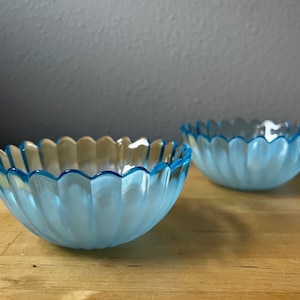 Vintage Art Glass Berry Bowls, Pair, Aqua Blue and Opalescent, Lovely! MCM