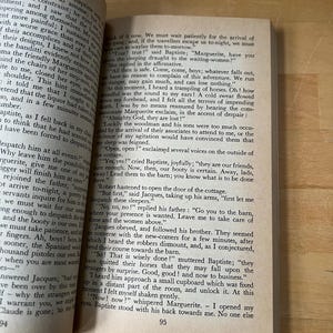 May include: Open book pages with text, featuring the numbers 94 and 95. The text appears to be from a novel, with a vintage aesthetic. The pages are slightly yellowed, suggesting age.