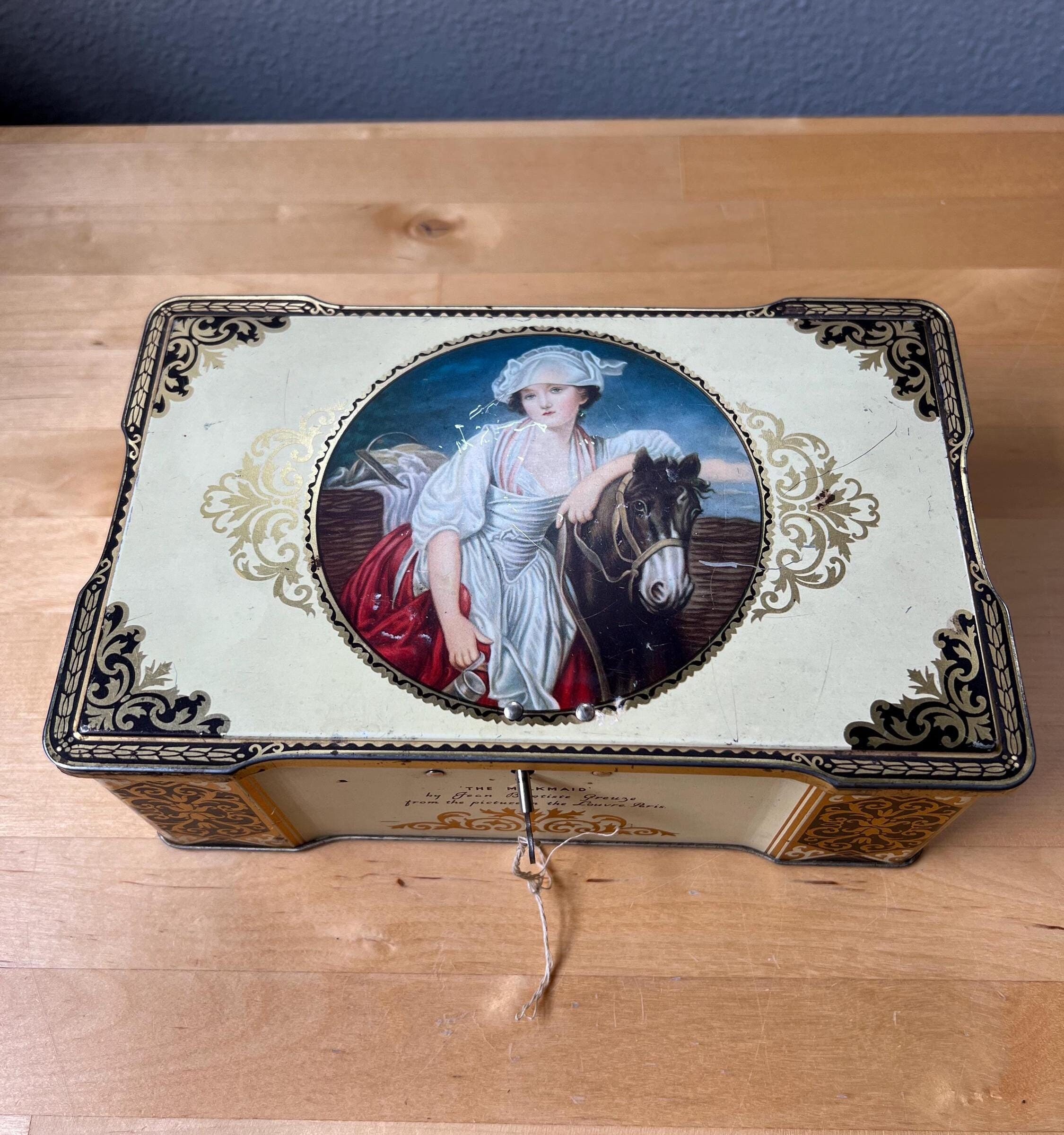 Vintage Thorne's Toffee Tin, the Milkmaid, Hinged Lid & Key, Lock