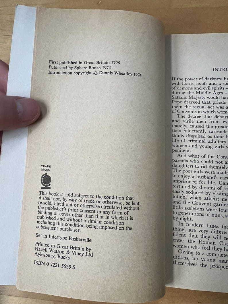 May include: Open book pages with text. The left page includes text: "First published in Great Britain 1796" and "Published by Sphere Books 1974." The right page has the introduction text. The book is printed in Great Britain.