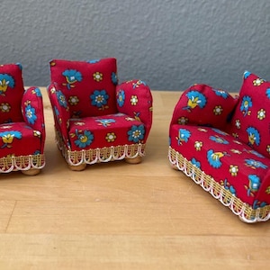 Vintage Lundby Miniature Couch and Chairs, Living Room, 1960s or 1970s, Nice Condition, Red and Blue Pattern, As Found