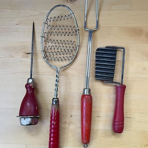 Vintage Red Painted Handle kitchen Utensils, Food Photo Props. One price for all. Set of 4. As-is.