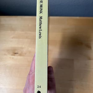 May include: A book spine with the title "THE MONK" by Matthew Lewis. The spine is a light yellow color with the number "24" and the "SPHERE" logo at the bottom. The book is held by a hand.