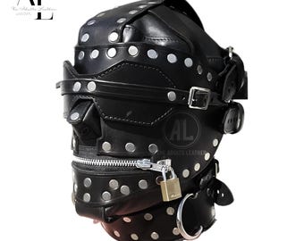 Handmade Leather Full Face Punk Studded Adjustable Hood with Buckles and Zipper