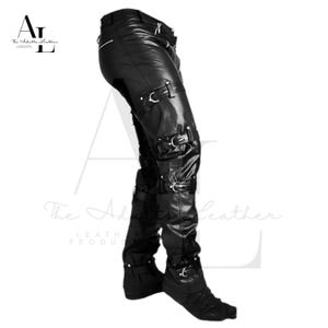 Calças de couro masculinas BLUF: Calças de motociclista com zíper duplo e tiras de travamento.