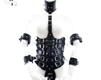 Gothic Buckled Leather Harness and Fetish Lingerie Restraint Set | Adjustable Collar and Cuffs