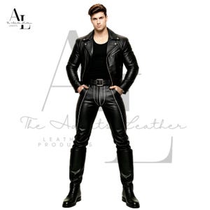 May include: A black leather jacket and trousers ensemble with white detailing. The jacket features a biker-style design with a notched collar and an asymmetrical zip. The trousers are fitted, with a white stripe. The outfit is completed with black boots.