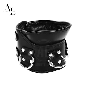 May include: Black leather collar with silver-toned metal hardware. The collar features two D-rings and is secured with rivets. The product is designed for adults. The brand logo is visible in the upper left corner.