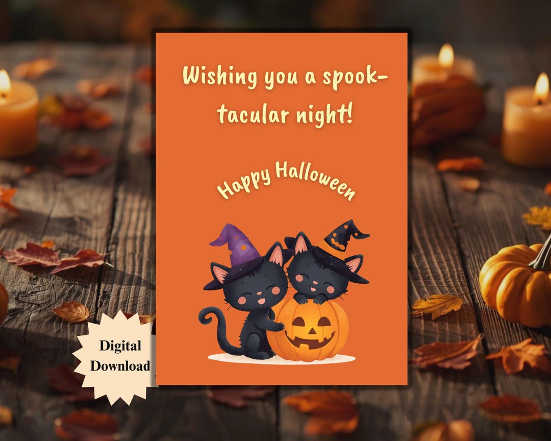 Cute Halloween Card With Black Cats, Pumpkin and Witch Hats | Spook ...