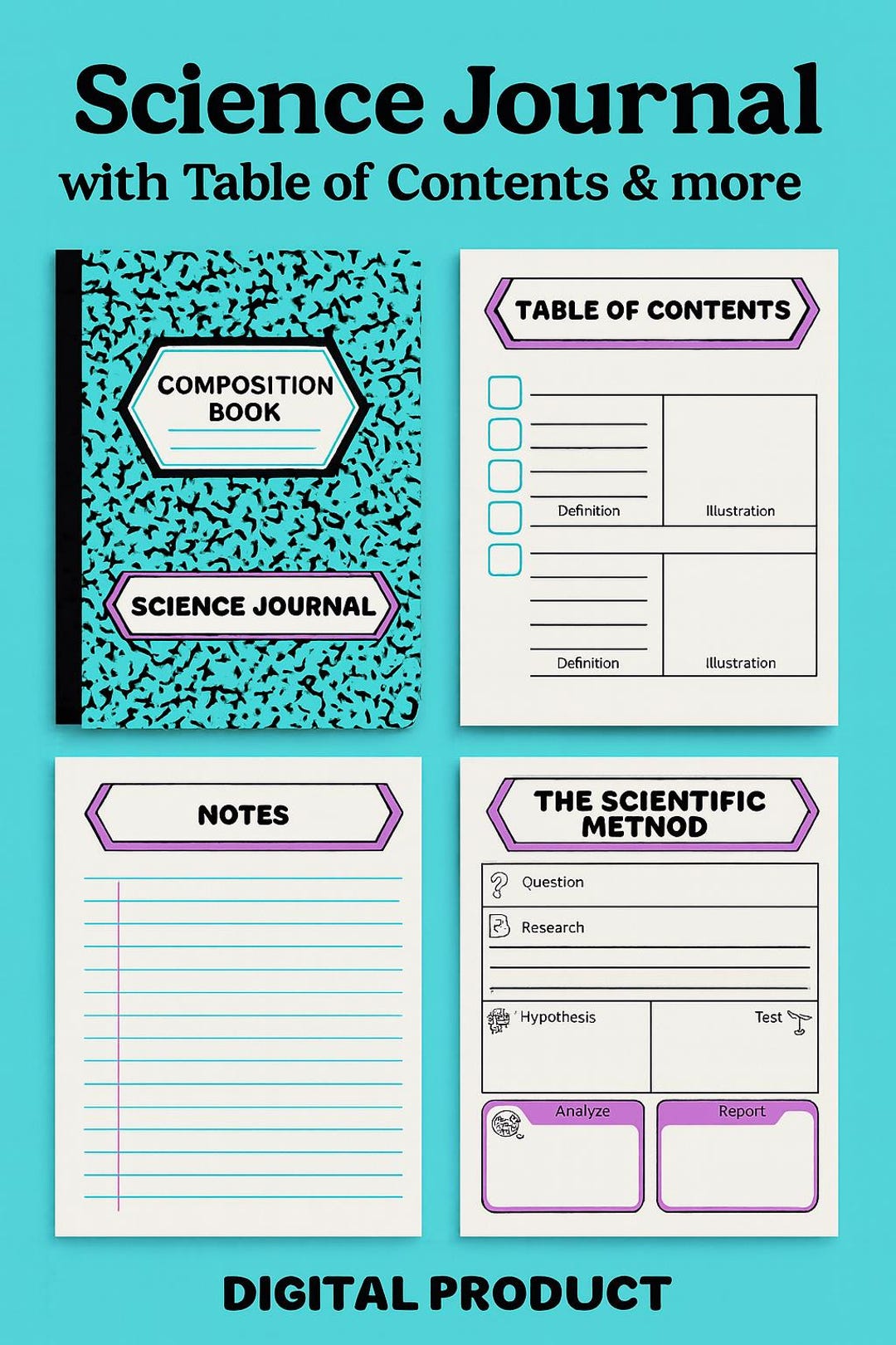 Science Notebook Covers: Retro Teal & Pink, Editable Canva Template ...