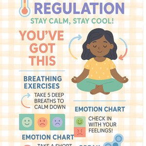 May include: An illustrated poster with the text "EMOTIONAL REGULATION" and "STAY CALM, STAY COOL!". It features a child meditating, breathing exercises, and an emotion chart with a spinner. The poster encourages taking breaks.