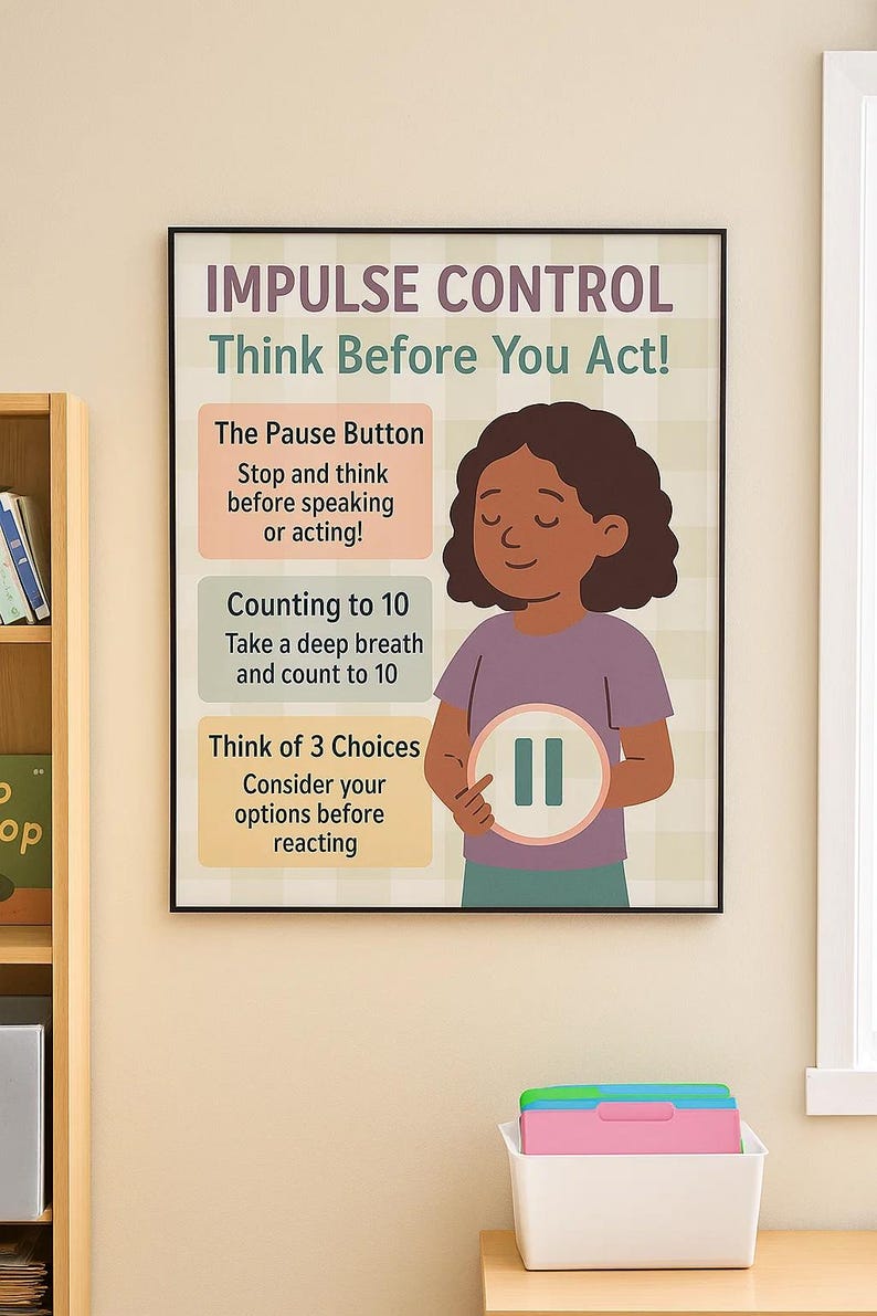 K&ouml;nnte beinhalten: Ein gerahmtes Poster mit dem Text "IMPULSKONTROLLE Think Before You Act!" zeigt eine Illustration eines Kindes, das eine Pausentaste h&auml;lt. Das Poster enth&auml;lt Tipps zur Impulskontrolle, wie z. B. tiefes Durchatmen und bis 10 z&auml;hlen.