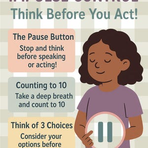 K&ouml;nnte beinhalten: Illustration mit dem Text "IMPULSE CONTROL Think Before You Act!" und einer Cartoonfigur, die eine Pausetaste h&auml;lt. Das Bild enth&auml;lt Textfelder mit Tipps: "The Pause Button", "Counting to 10" und "Think of 3 Choices". Der Hintergrund hat ein kariertes Muster.