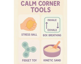 Classroom Calm Corner Matte Vertical Poster, Stress Ball Box Breathing Fidget Toys Kinetic Sand Options, Executive Functioning Skills,