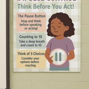 K&ouml;nnte beinhalten: Ein Poster mit dem Text &bdquo;IMPULSKONTROLLE Denken Sie, bevor Sie handeln!&ldquo; zeigt eine Cartoon-Illustration eines Kindes und Anweisungen zur Impulskontrolle. Das Poster enth&auml;lt die S&auml;tze &bdquo;Die Pausetaste&ldquo;, &bdquo;Bis 10 z&auml;hlen&ldquo; und &bdquo;3 Optionen bedenken&ldquo;.