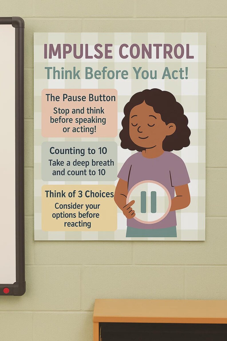 K&ouml;nnte beinhalten: Ein Poster mit dem Text &bdquo;IMPULSKONTROLLE Denken Sie, bevor Sie handeln!&ldquo; zeigt eine Cartoon-Illustration eines Kindes und Anweisungen zur Impulskontrolle. Das Poster enth&auml;lt die S&auml;tze &bdquo;Die Pausetaste&ldquo;, &bdquo;Bis 10 z&auml;hlen&ldquo; und &bdquo;3 Optionen bedenken&ldquo;.