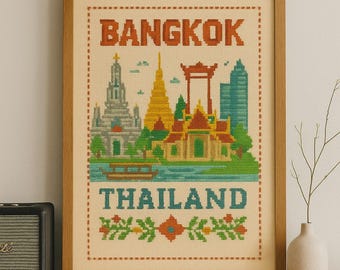 Bangkok Reiseposter: Kreuzstich Thailand Skyline Kunst (Digitaler Download
