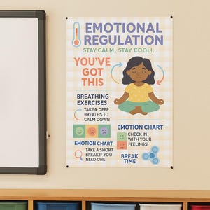 May include: A poster with the words "EMOTIONAL REGULATION" and "YOU'VE GOT THIS." It features a cartoon illustration of a person meditating, with text about breathing exercises and an emotion chart. The background is a light yellow gingham pattern.