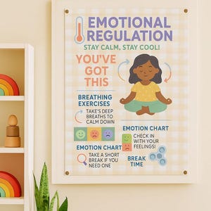 May include: A framed poster with the words "EMOTIONAL REGULATION" and "STAY CALM, STAY COOL!" in purple and blue. The poster includes illustrations and text about breathing exercises and an emotion chart. A shelf with wooden toys is visible.