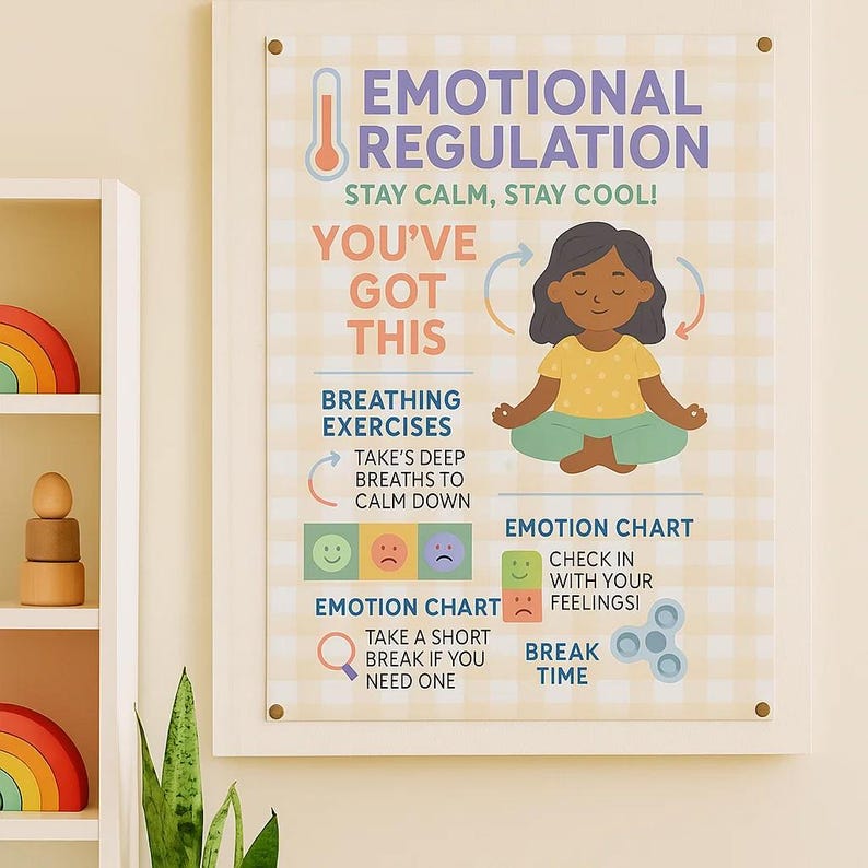 May include: A framed poster with the words "EMOTIONAL REGULATION" and "STAY CALM, STAY COOL!" in purple and blue. The poster includes illustrations and text about breathing exercises and an emotion chart. A shelf with wooden toys is visible.