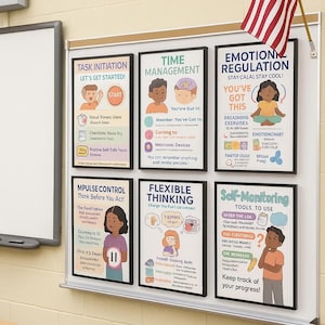 May include: A classroom wall displays six educational posters with black frames. The posters cover topics like task initiation, time management, emotion regulation, impulse control, flexible thinking, and self-monitoring. An American flag is mounted above the posters.