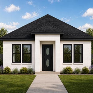 May include: A modern, single-story house with a black roof and black-framed windows. The exterior is white brick, and the front door is black with oval glass inserts. Landscaping includes green grass, bushes, and small trees under a blue sky.